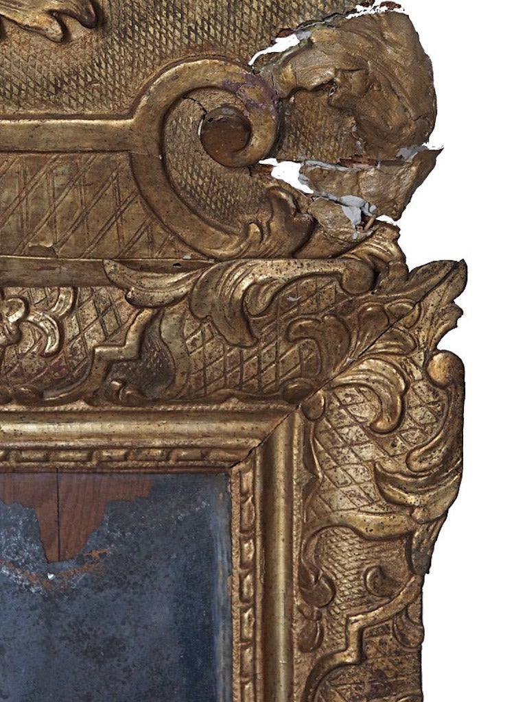 18th Century and Earlier 18th Century Louis XIV Gilded Mirror with Papier Mâché Cartouche