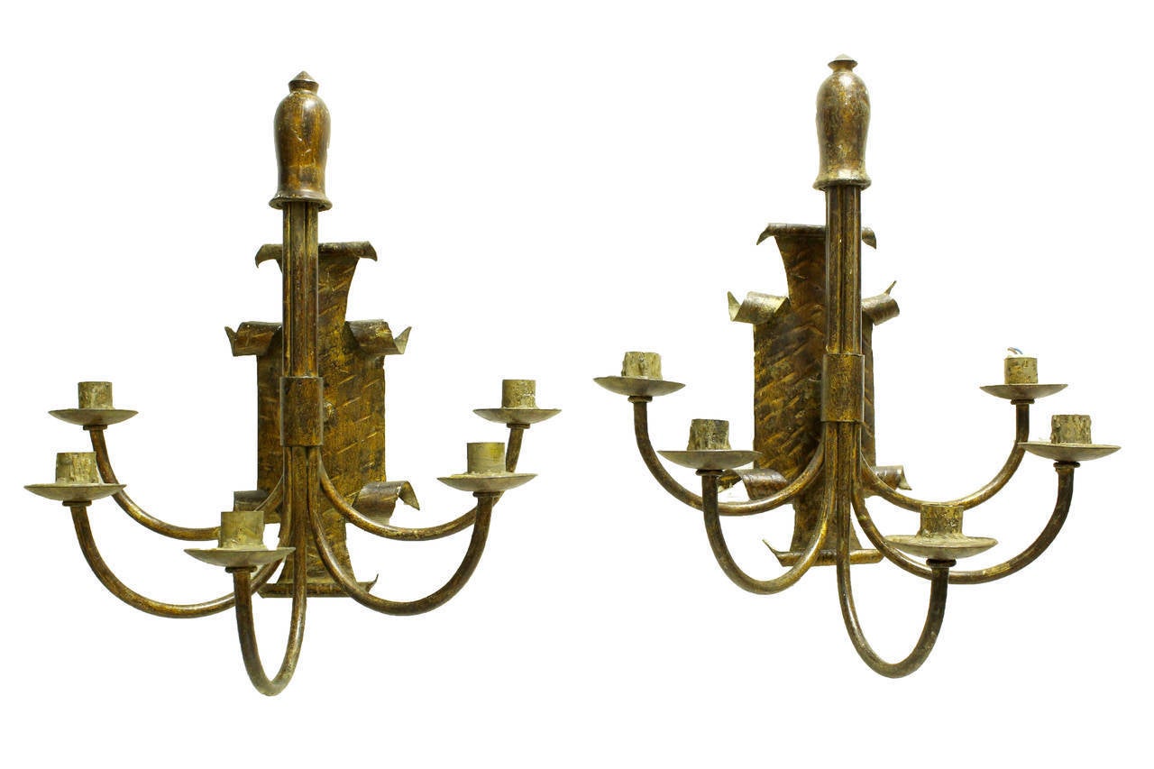 Pair of Gilded Iron Five-Arm Sconces