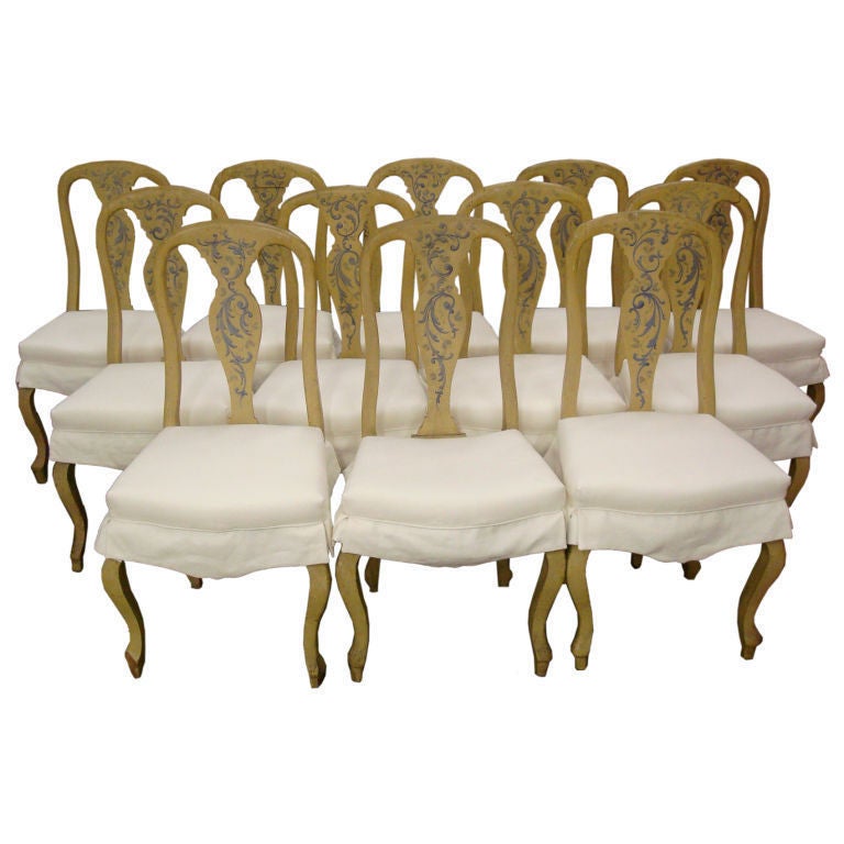 18th century set of 12 Italian painted chairs with cordage seats.