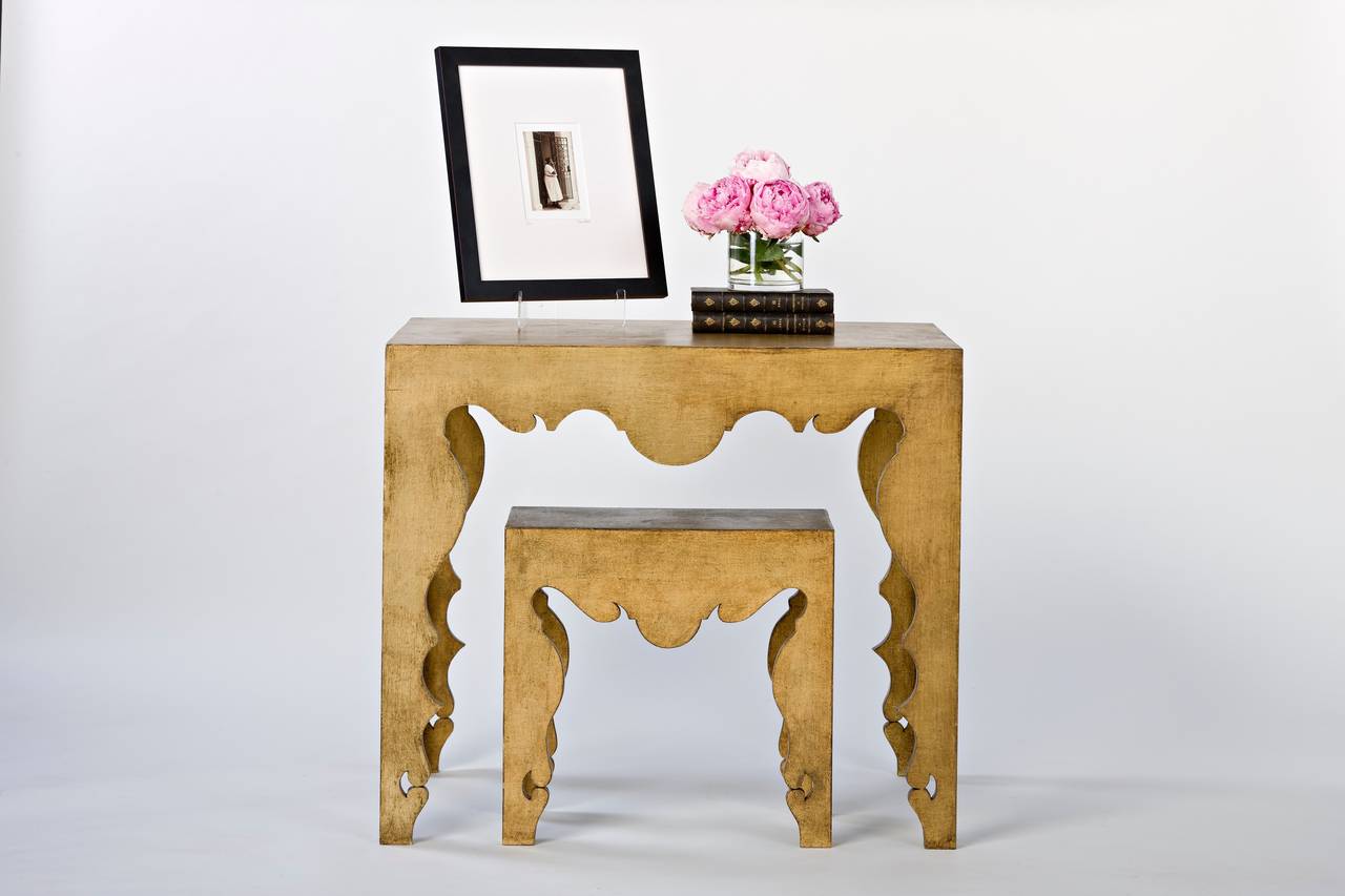The custom regal gilded finish on this Tara Shaw Maison collection martini table ensures it will Stand out in any space. Pairs with Tara Shaw's gold leaf console table. Handcrafted in New Orleans. 

Custom dimensions and finish available for
