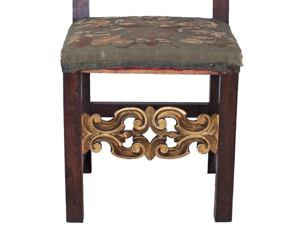 Set of Four 19c Italian Louis XIV Tall Back Gilded Walnut Chairs For