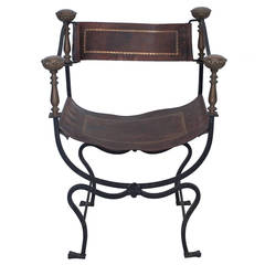 Vintage Italian Savonarola Chair with Gilt Trimmed Leather