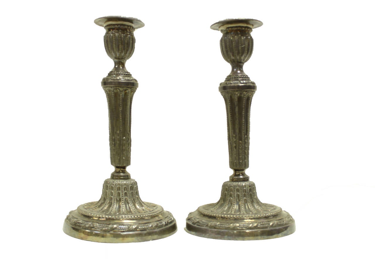 19th Century Style French Louis XVI silver plated candlesticks.
