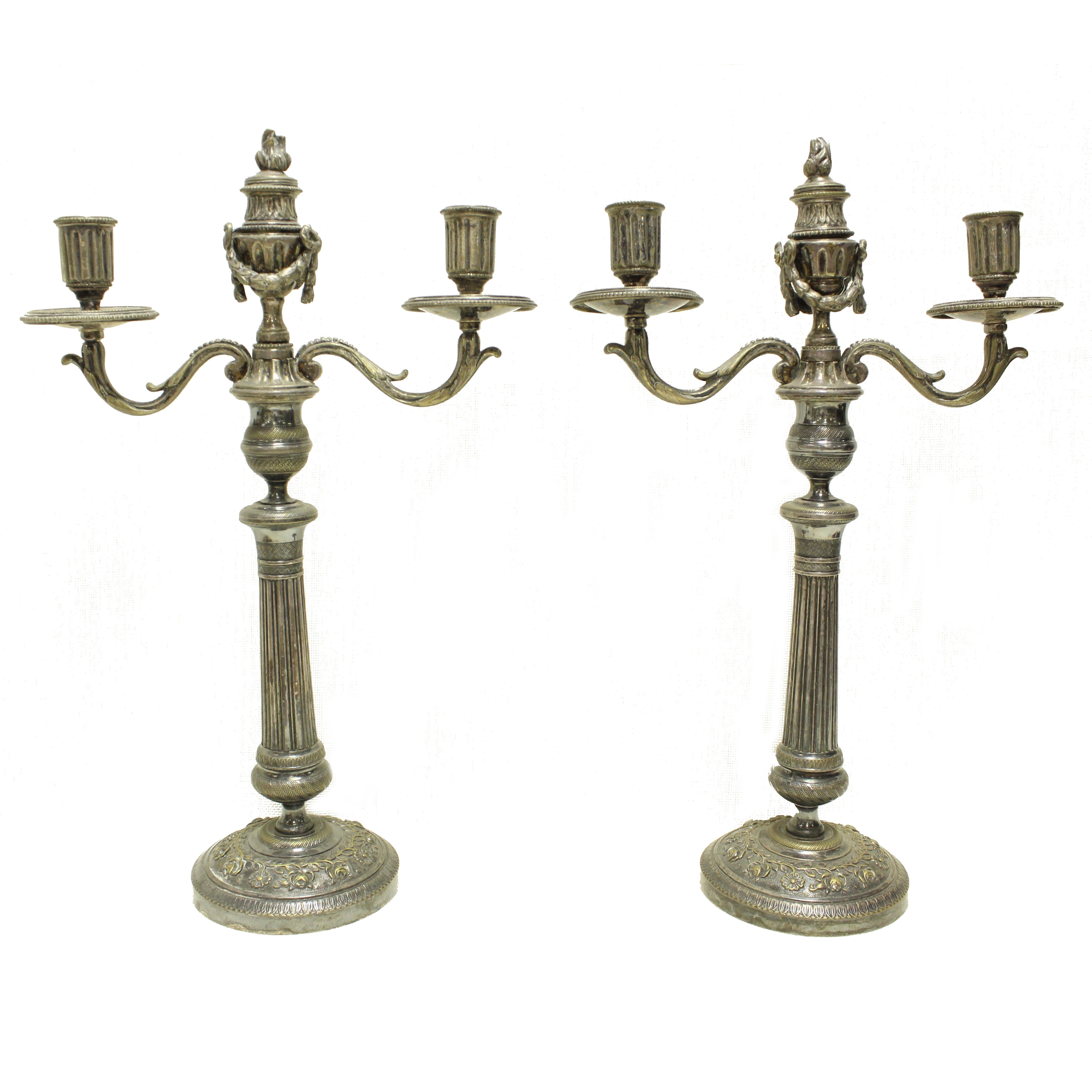 19c FrenchLouis XVI Silver-Plated Pair of Candelabras