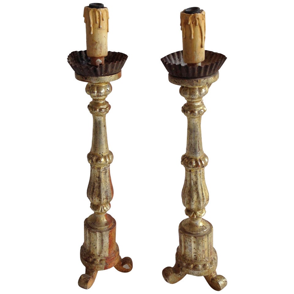 19th Century Italian Pair of Water Gilded Candlesticks