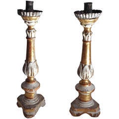 19th Century Italian Pair of Painted and Water Gilded Candlesticks