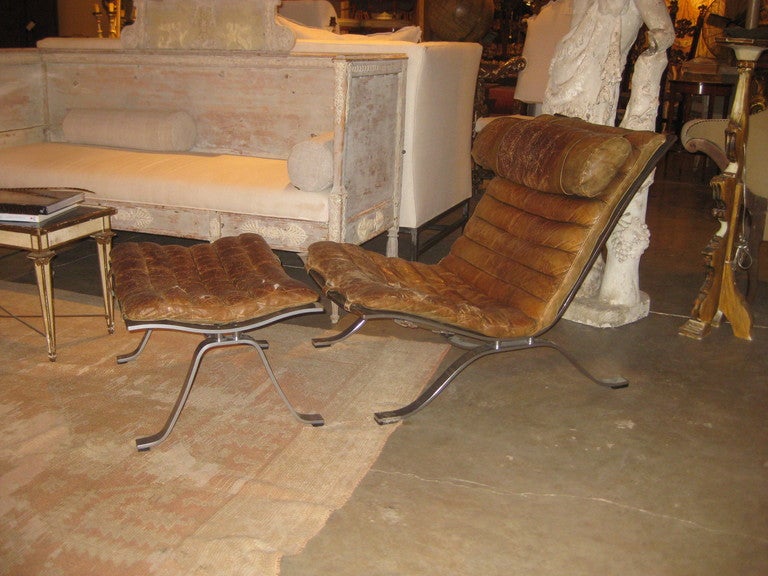 1960s Swedish Arne Norell Original Buffalo Leather Chair and Ottoman 1