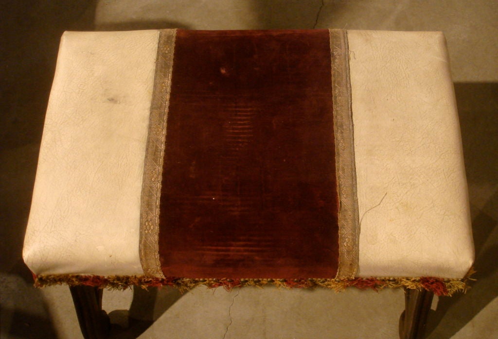 Carved Wood Tabouret with White Leather Seat, Nailheads and Fringe.