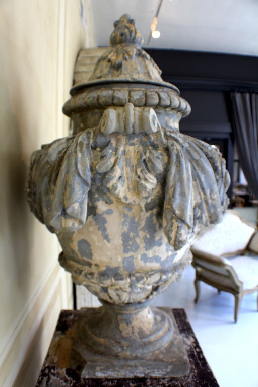 18th Century and Earlier 18c French Garden Urn on 19c Wooden Pedestal