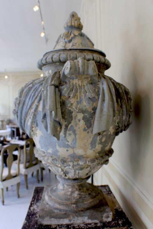 18c French Garden Urn on 19c Wooden Pedestal 1