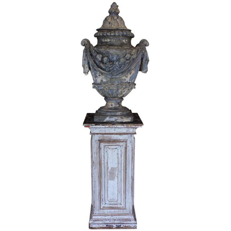 18c French Garden Urn on 19c Wooden Pedestal