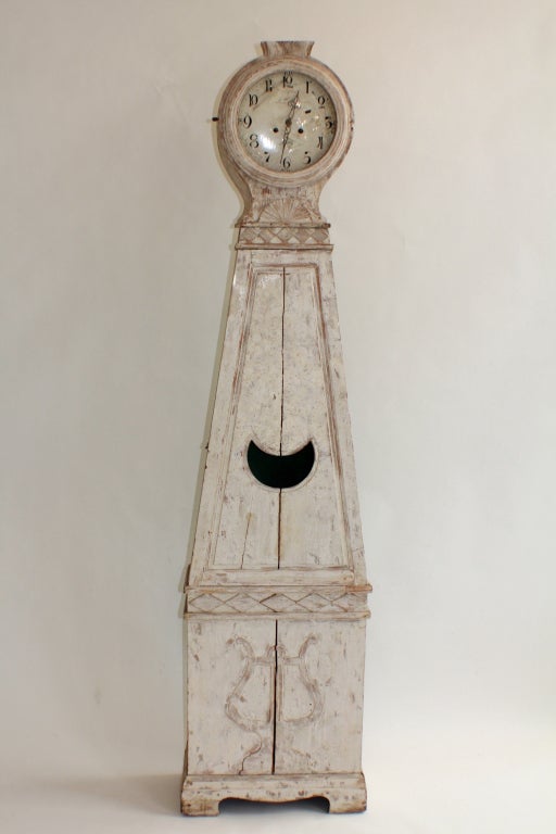 Painted 19th Century Swedish Mora Clock with Lyre Carving