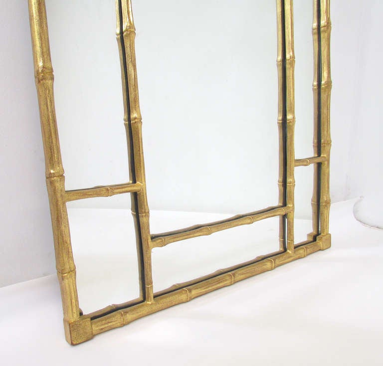 Hollywood Regency Style Carved and Gilded Faux Bamboo Mirror Circa 1960s In Excellent Condition In Peabody, MA