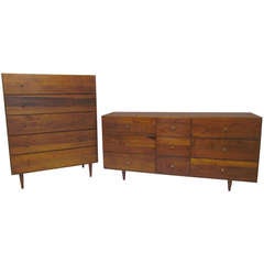 Vintage Pair of Mid Century Modern Walnut Dressers in the Manner of Paul McCobb
