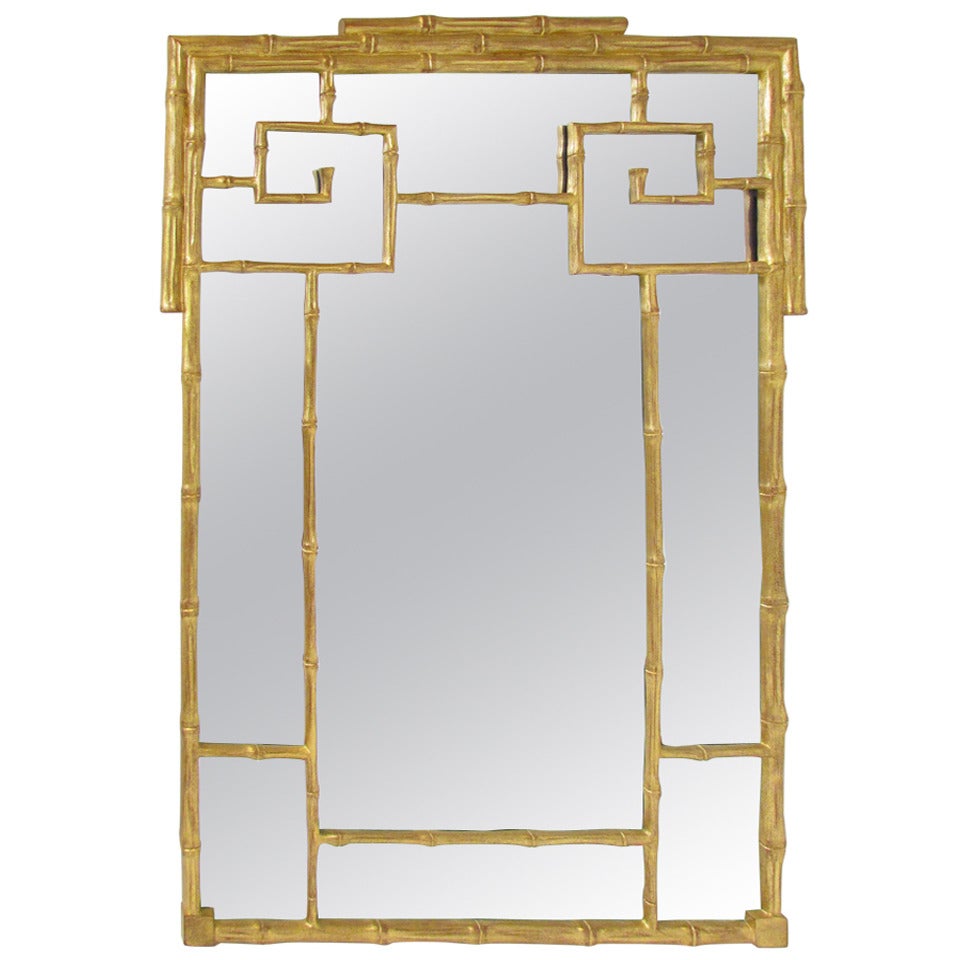 Hollywood Regency Style Carved and Gilded Faux Bamboo Mirror Circa 1960s