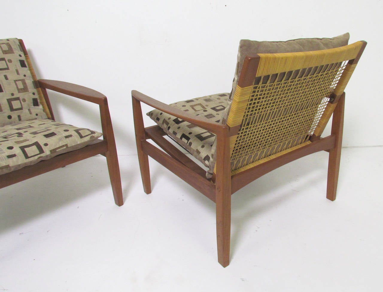 Pair of Danish Teak and Cane Lounge Chairs by Hans Olsen In Good Condition In Peabody, MA