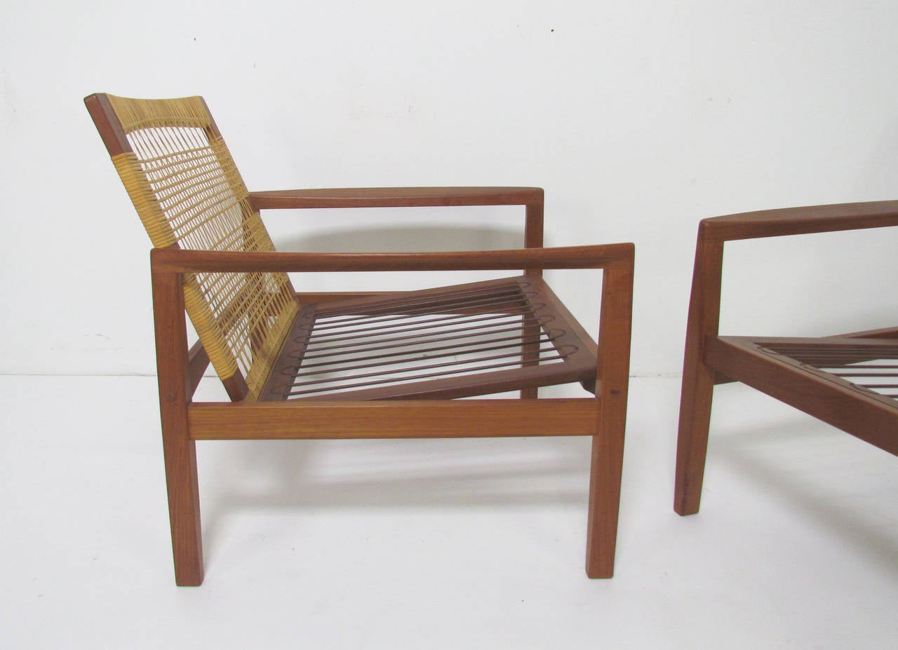 Pair of Danish Teak and Cane Lounge Chairs by Hans Olsen 2