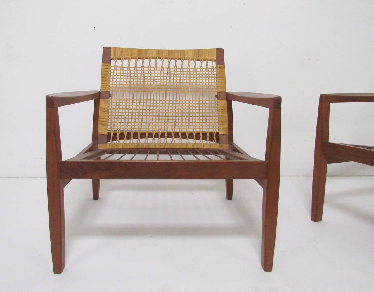 Pair of Danish Teak and Cane Lounge Chairs by Hans Olsen 3