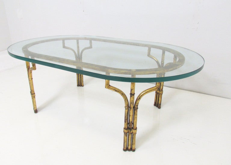 Hollywood Regency Gilt Faux Bamboo Coffee Table In Good Condition In Peabody, MA