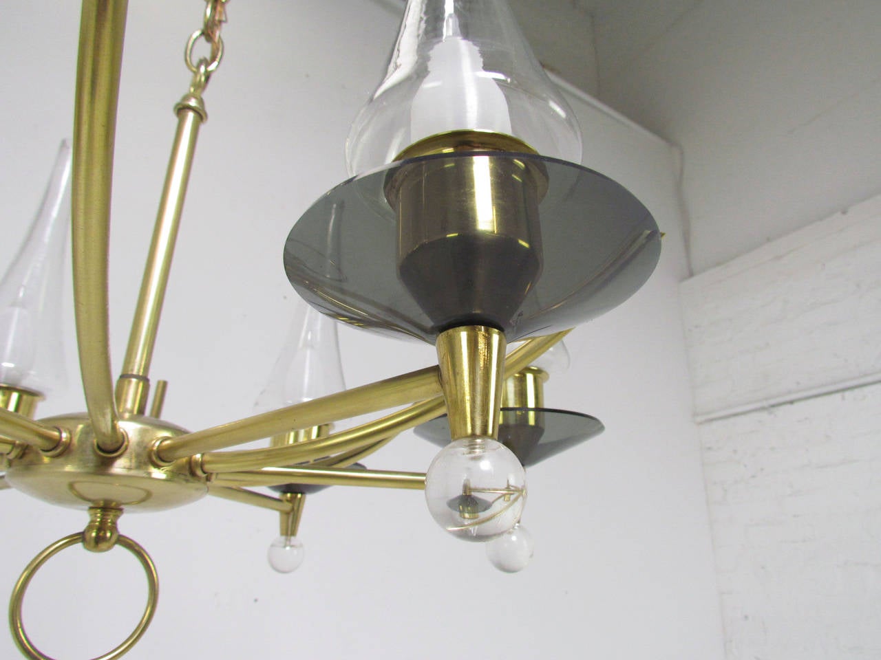 Mid-Century Six-Arm Chandelier in Brass and Glass by Feldman Lighting Co In Good Condition In Peabody, MA