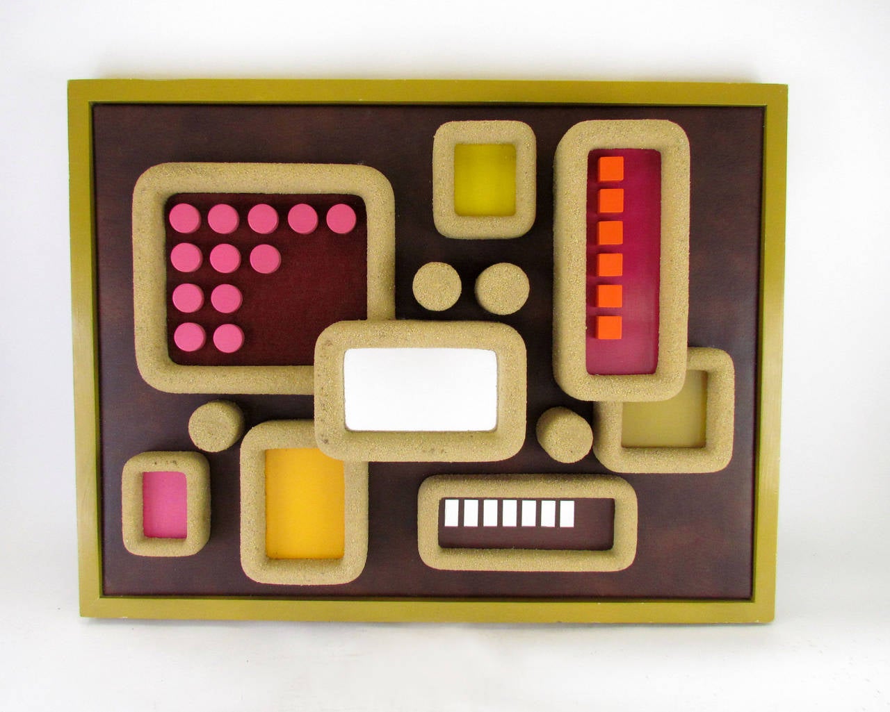 Mixed-media abstract construction by listed Pennsylvania artist Frank Ponstingl (also known as Franz Jozef), dated 1981. Colorful modular assemblage of sand-form units with painted elements and applied mirrors.