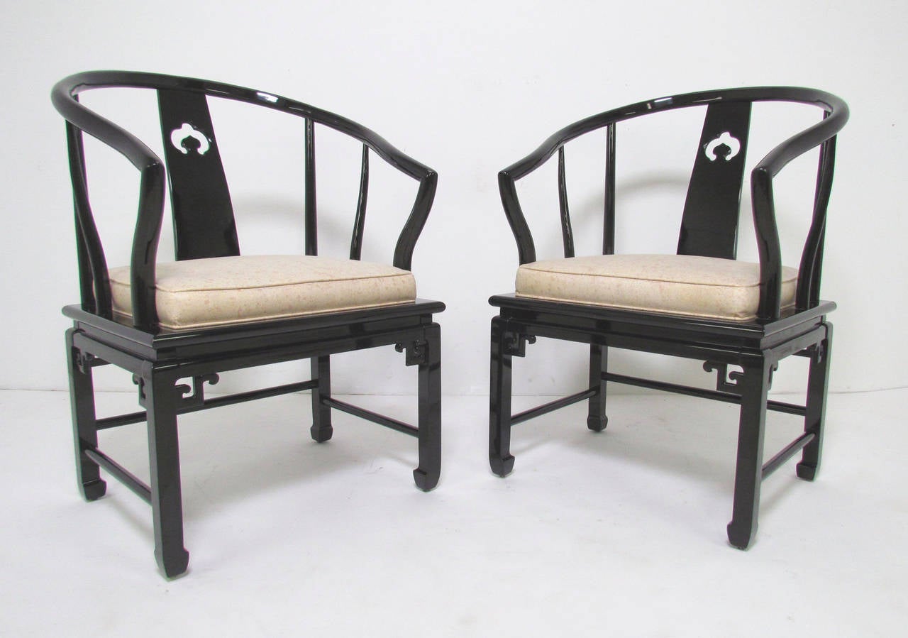Attractive pair of Classic black lacquer Ming chairs with a modernist influence in the manner of James Mont.