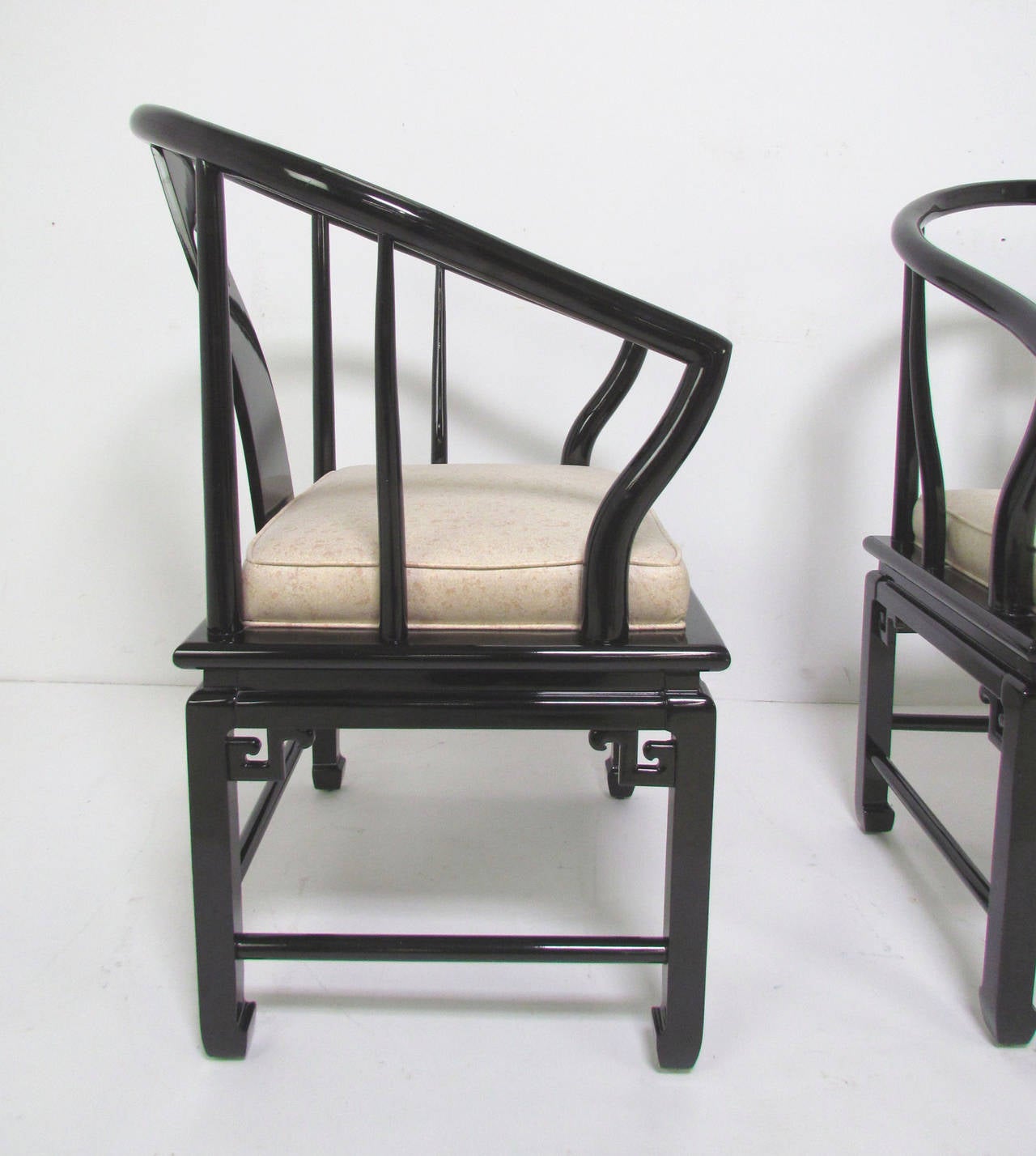 American Pair of James Mont Style Ming Armchairs in Black Lacquer