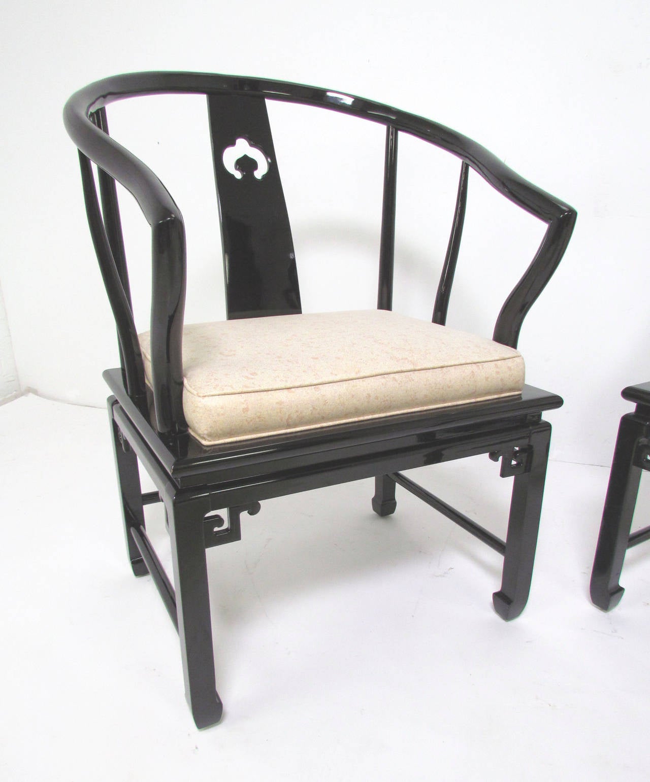 Hollywood Regency Pair of James Mont Style Ming Armchairs in Black Lacquer