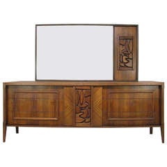 Vintage Modernist Walnut Dresser and Mirror with Carved Brutalist Panels