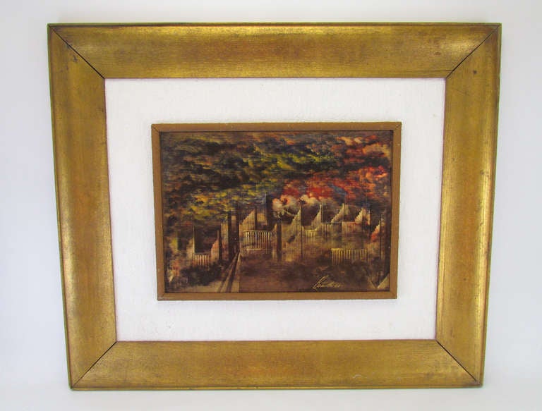 Finely detailed futurist abstract painting by noted San Francisco artist George Bertuccelli, contemporary of the Bay Area Beat scene of the early 1960s.  This work is dated 1964.
