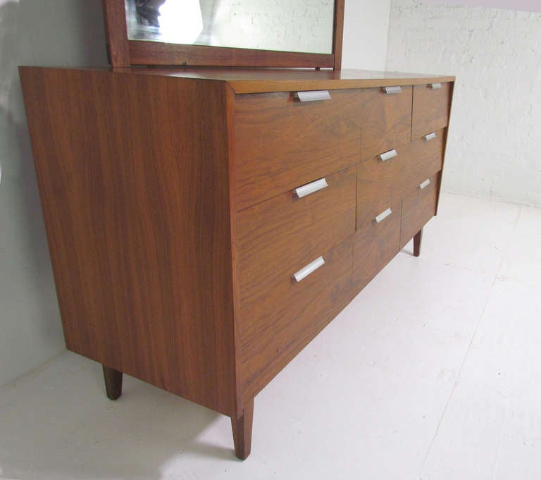 Mid-20th Century Mid-Century Modern Nine Drawer Dresser with Brushed Aluminum Pulls
