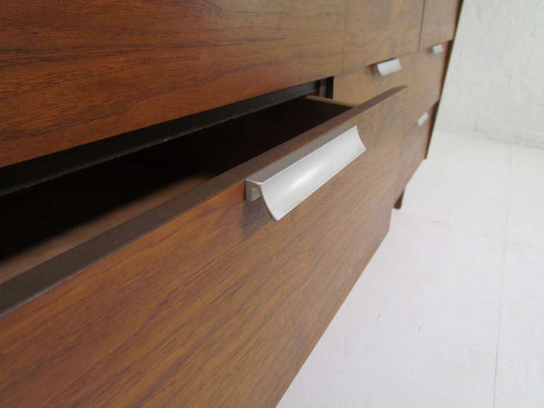 Walnut Mid-Century Modern Nine Drawer Dresser with Brushed Aluminum Pulls