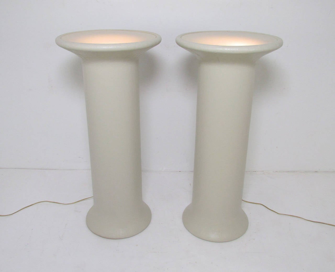 Mid-Century Modern Pair of Lighted Linen Wrapped Pedestals in the Manner of Karl Springer For Sale