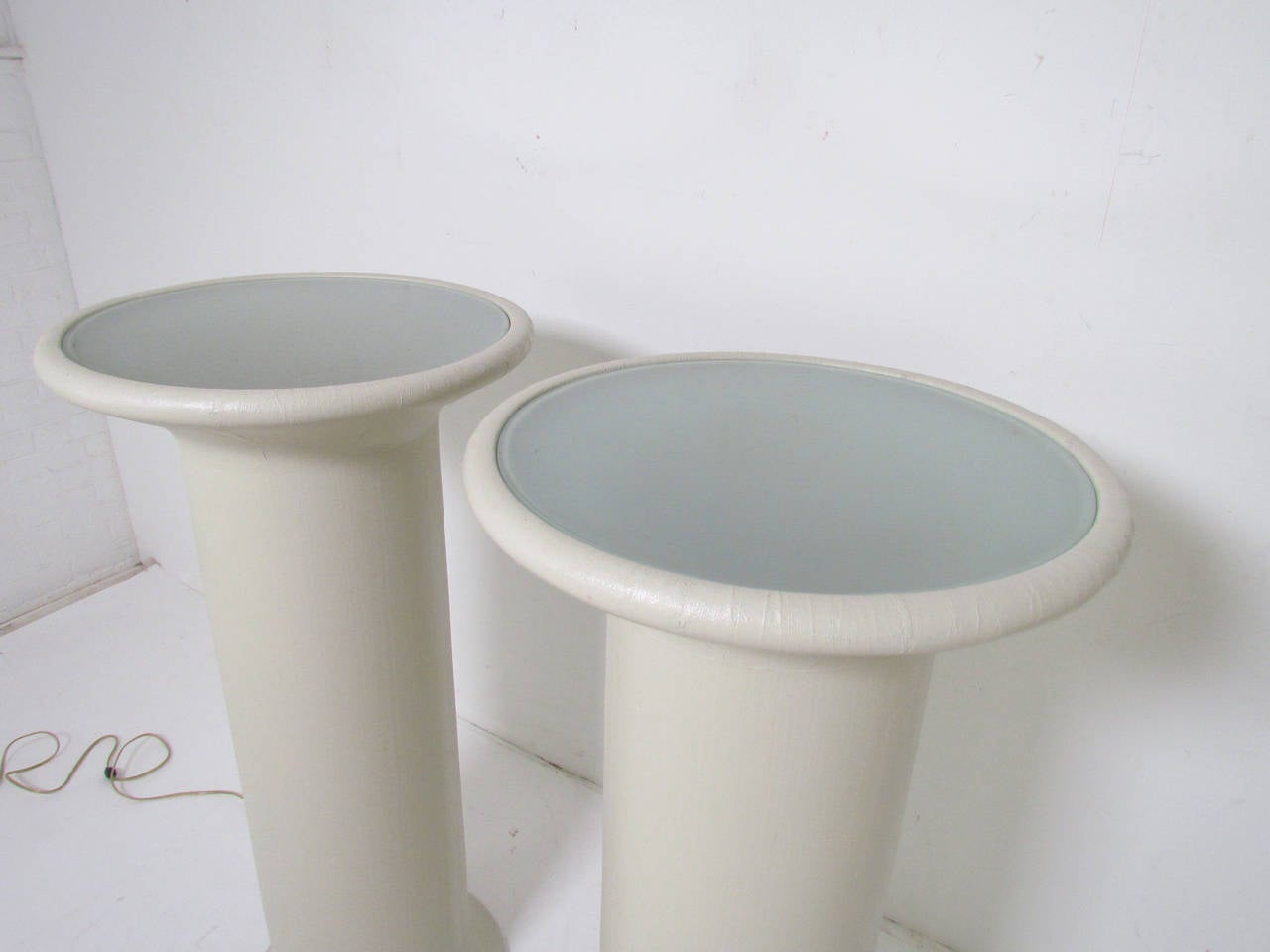 American Pair of Lighted Linen Wrapped Pedestals in the Manner of Karl Springer For Sale