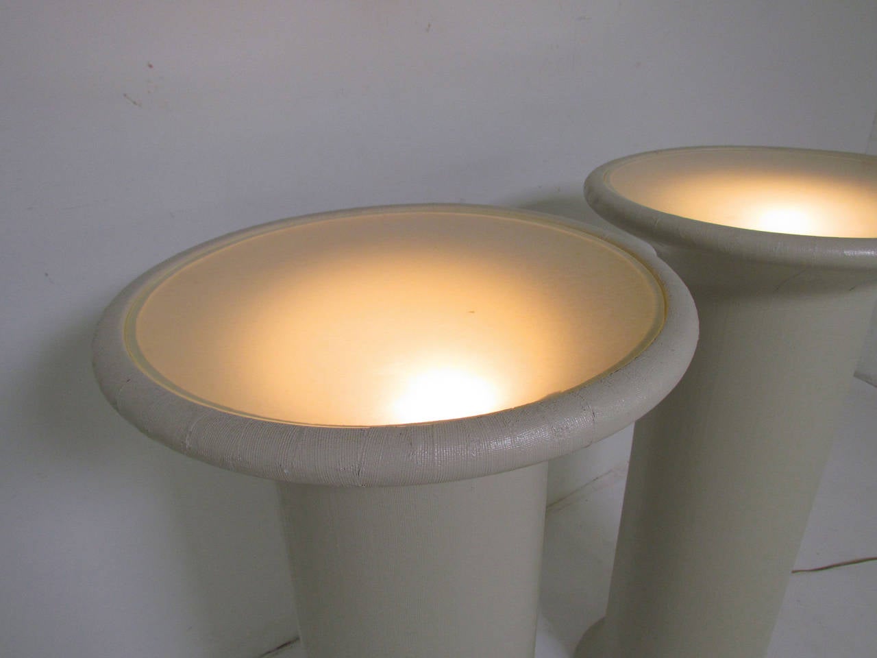 Late 20th Century Pair of Lighted Linen Wrapped Pedestals in the Manner of Karl Springer For Sale