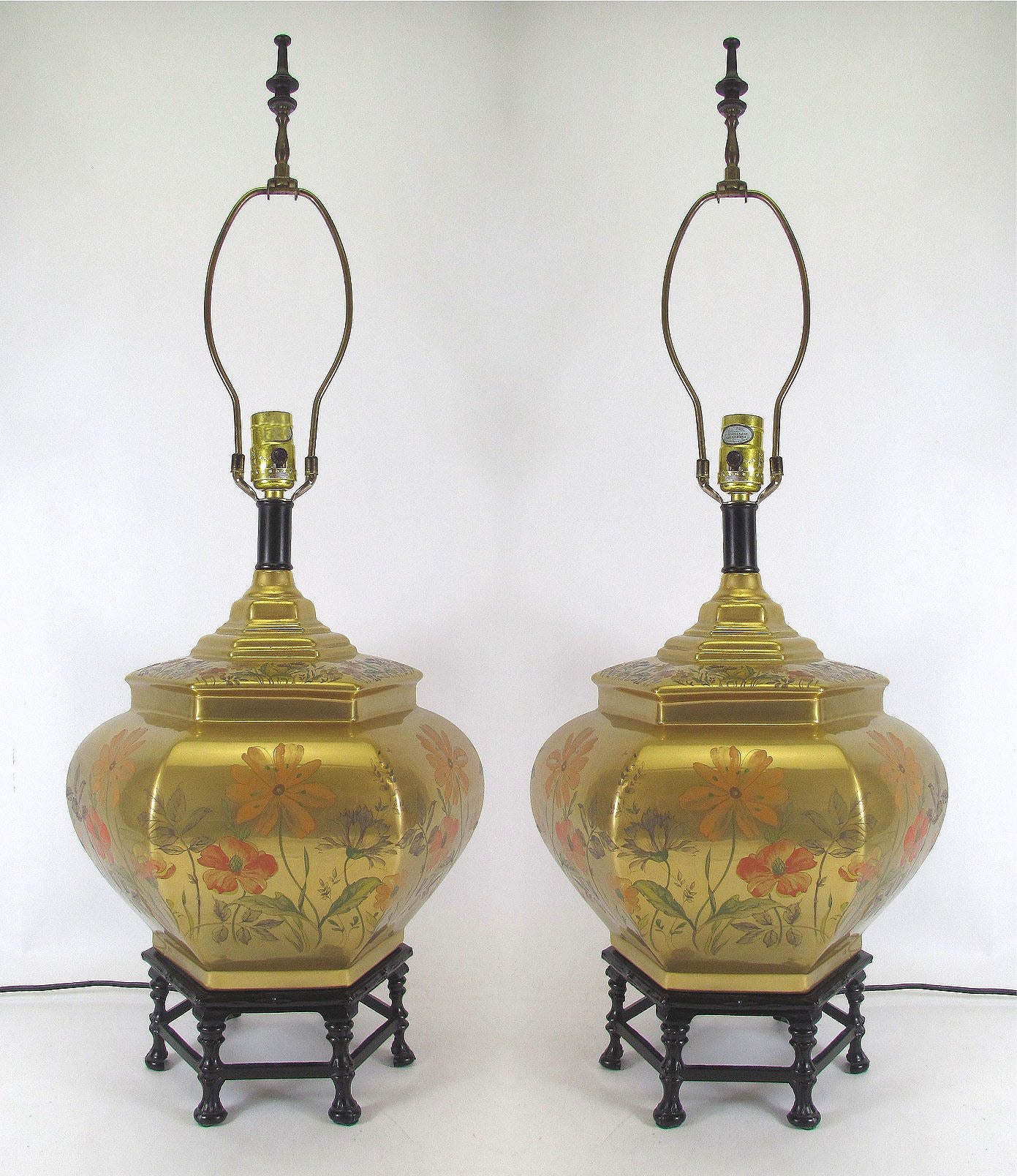 Pair of Hollywood Regency Chinoiserie Style Brass Table Lamps