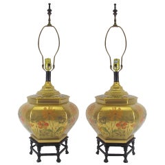 Pair of Hollywood Regency Chinoiserie Style Brass Table Lamps