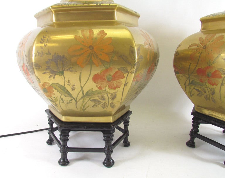 American Pair of Hollywood Regency Chinoiserie Style Brass Table Lamps