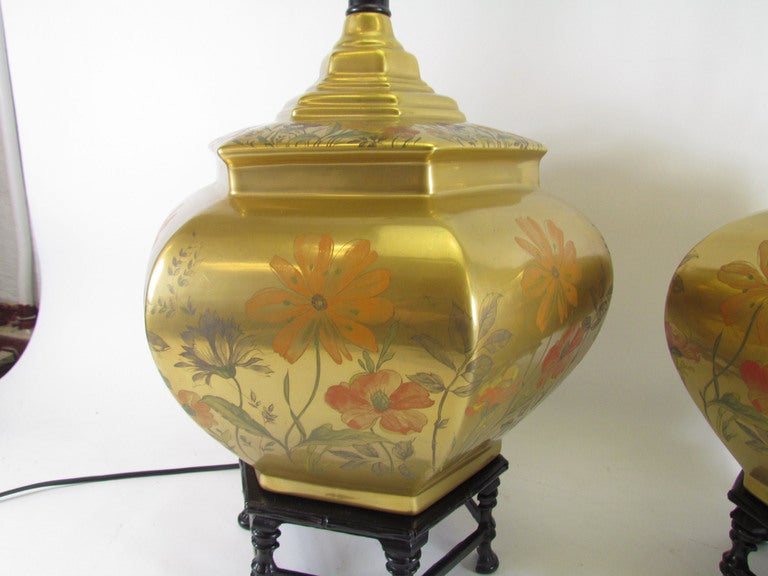 Pair of Hollywood Regency Chinoiserie style brass table lamps  
with applied floral scenes, on fretwork metal bases, ca. 1960s, by Morris Greenspan Lighting Co.  31