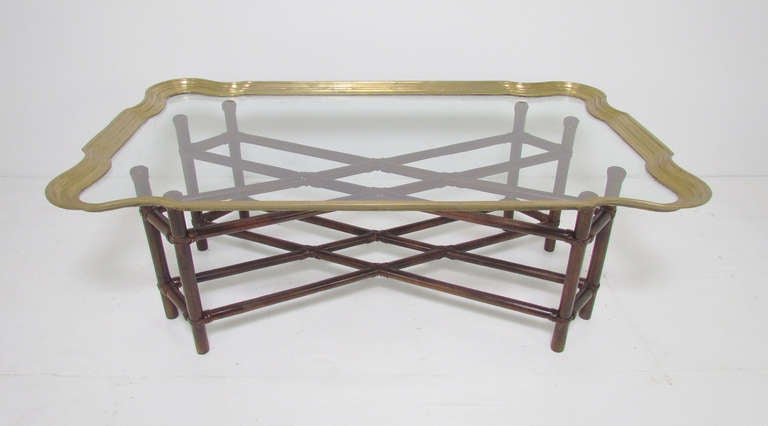 Hollywood Regency Coffee Table in Real (not Faux) Bamboo with Brass Framed Top