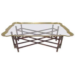 Retro Hollywood Regency Coffee Table in Real (not Faux) Bamboo with Brass Framed Top