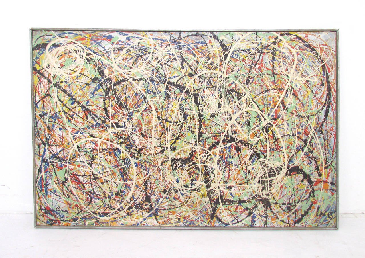 Abstract acrylic painting on canvas dated 1962, with multiple layers of splatter and drip work in the manner of Jackson Pollack, displaying a masterful sense of rhythm and geometric harmony. In a period painted strip frame.