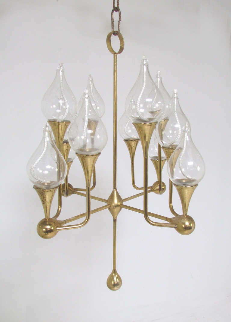 Rare Danish oil lamp chandelier candelabra by Freddie Andersen, ca. early 1960s. This rare example of his 