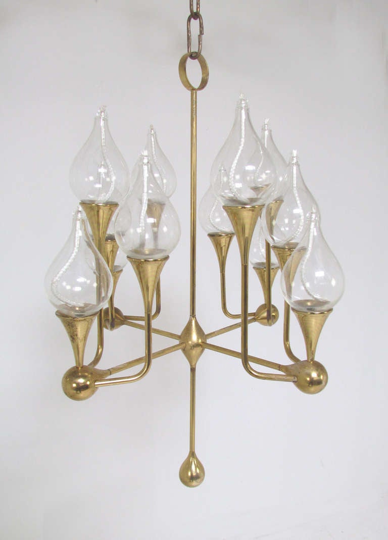 Rare Twelve Arm Danish Oil Lamp Chandelier by Freddie Andersen, ca. 1960s