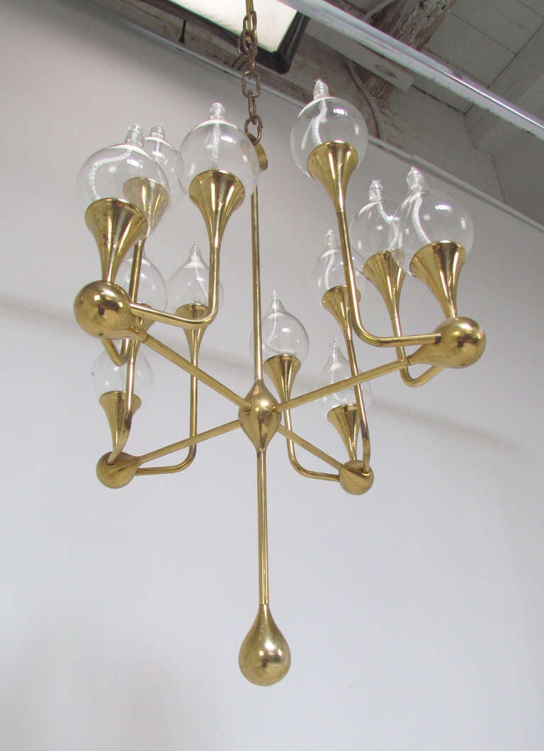 Brass Rare Twelve Arm Danish Oil Lamp Chandelier by Freddie Andersen, ca. 1960s