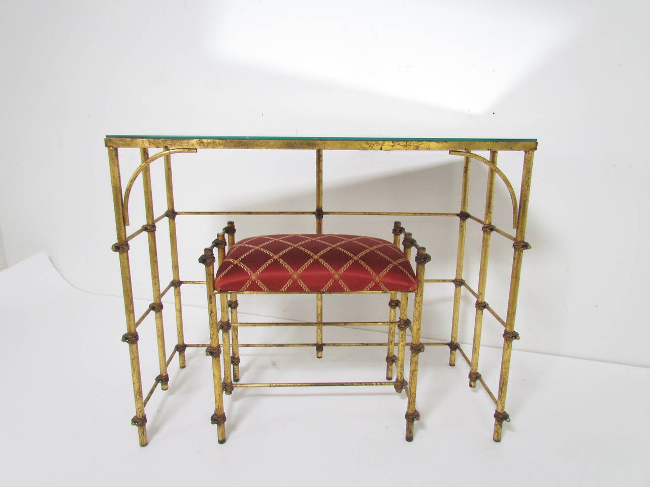 Italian Hollywood Regency Style Gilded Dressing Table with Matching Bench