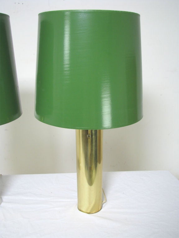 Pair of Walter Von Nessen Brass Cylindrical Table Lamps circa 1950s