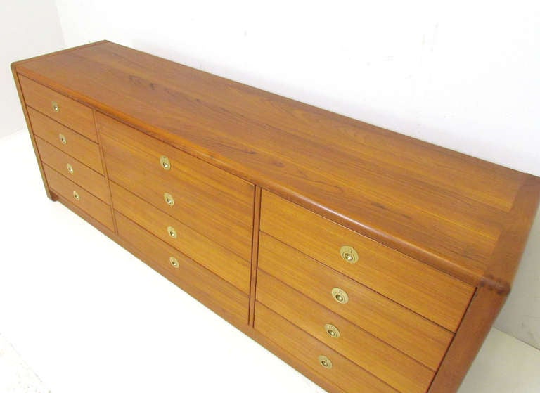 Mid-Century Modern Danish Teak Twelve Drawer Dresser With Brass Pulls