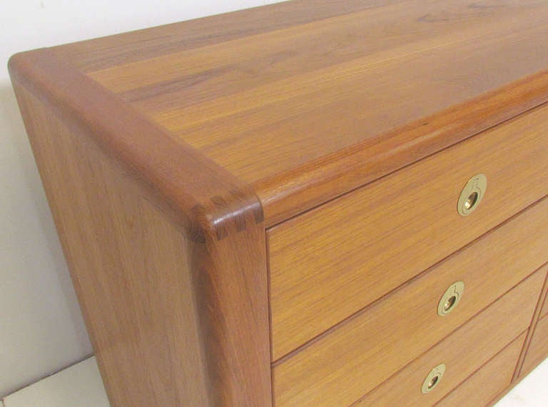 Danish Teak Twelve Drawer Dresser With Brass Pulls In Good Condition In Peabody, MA