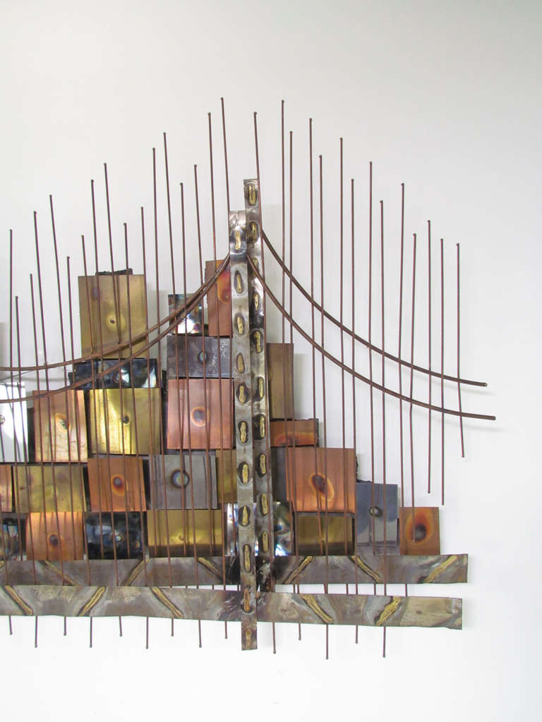 Mid-Century Modern Brutalist Metalwork Cityscape & Bridge  Wall Sculpture in style of Curtis Jere